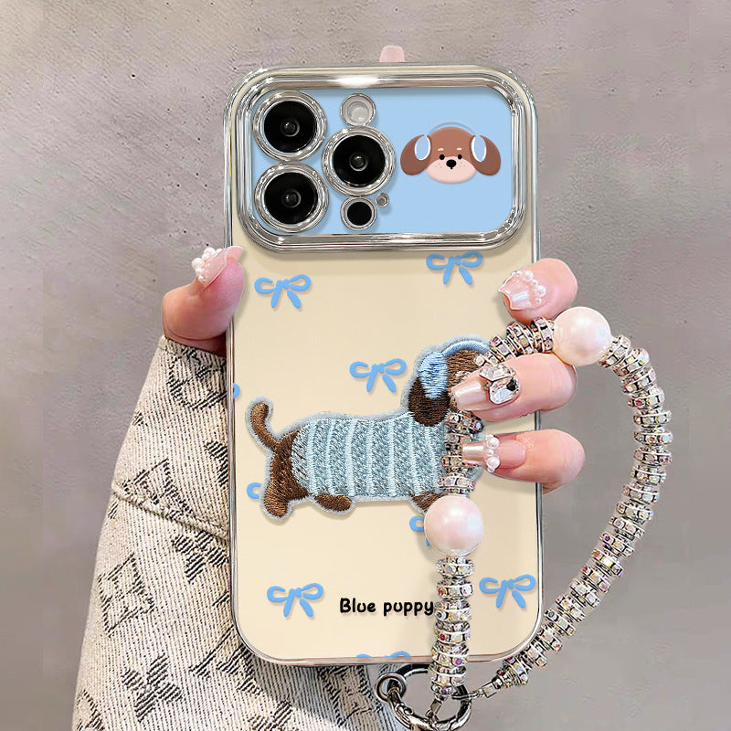 Embroidered Puppy Chain Electroplated View Window Case